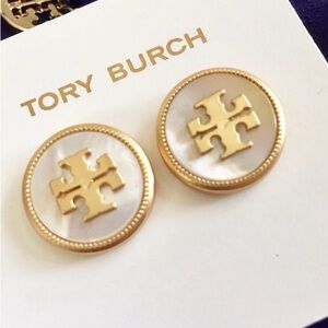 Tory Burch Gold and Cream Stud Earrings